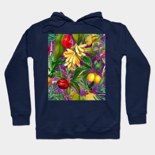 Vibrant tropical floral leaves and fruits floral illustration, Purple fuchsia fruit pattern over a Hoodie